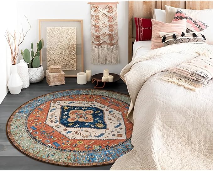 Lahome Boho Washable 3Ft Round Area Rug, Non-Slip Throw Untra-Thin Small Round Carpet, Oriental Vintage Distressed Circle Rug for Bathroom Bedroom Kitchen Office Sofa, 3x3/Rust