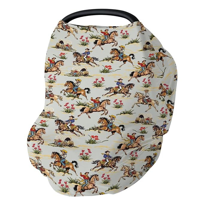 Vintage Cowboy Floral Car Seat Cover for Baby Western Cowboy Horse Stretchy 5-in-1 Covers Adjustable Car Canopy Cover Wild West Desert Breathable Nursing Cover-Up