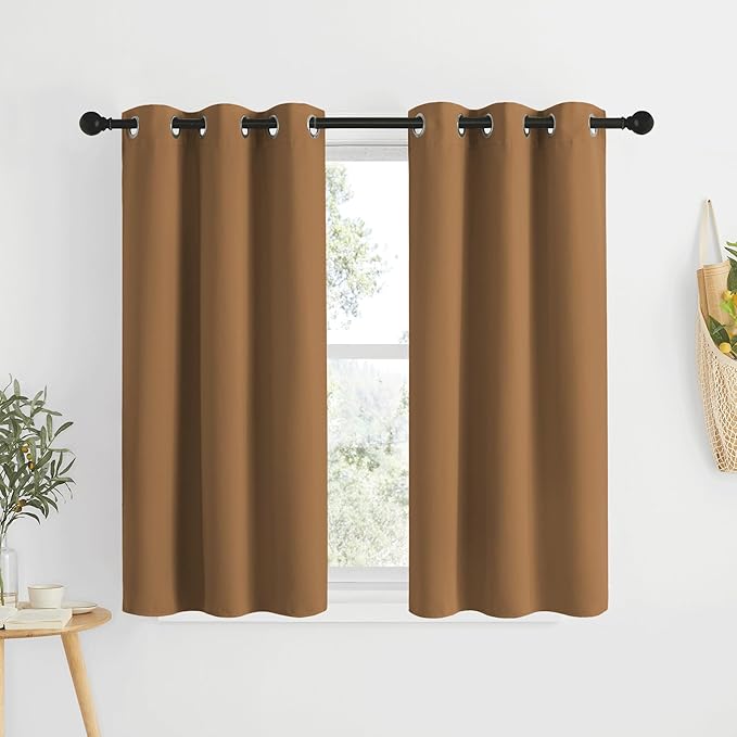 NICETOWN Short Blackout Gold Brown Curtains for Bedroom - Energy Saving Thermal Insulated Solid Grommet Room Darkening Small Window Treatments for Kitchen/Cafe, 2 Panels, W34 x L50