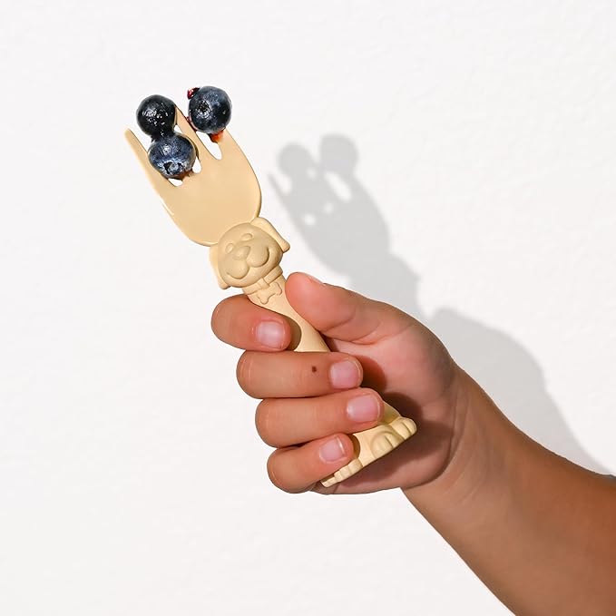 Made in USA Spoon la la Toddler Utensils Set - 6 Pack (3 Spoons & 3 Forks for Kids) - Self-Standing 3D Ergonomic Cat & Dog Handles - BPA-free, Dishwasher Safe, Baby Silverware (Pink, Yellow, Mint)