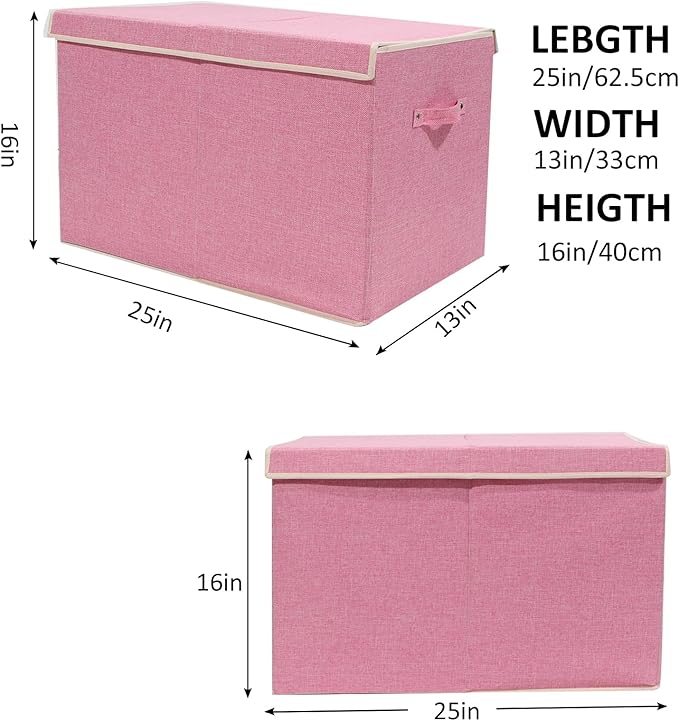 popoly Large Toy Box Chest Storage with Flip-Top Lid, Collapsible Kids Toy Storage Bin Boxes Container for Boys, Girls, Nursery, Playroom, 25"x13" x16" (Linen Pink)