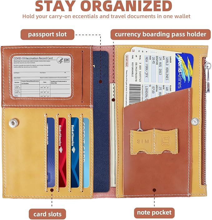 Genuine Leather Travel Passport Wallet, Slim RFID Blocking Holder for Secure Travel and Document Organization (Brown)