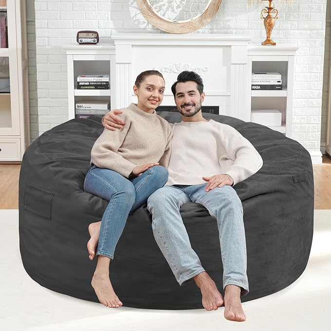 4FT Bean Bag Chair, Large Bean Bag Chairs with Memory Foam Filled, Fluffy Beanbag Sofa with Dutch Velvet Cover, Round BeanBag Chairs for Living Room, Playroom - Grey