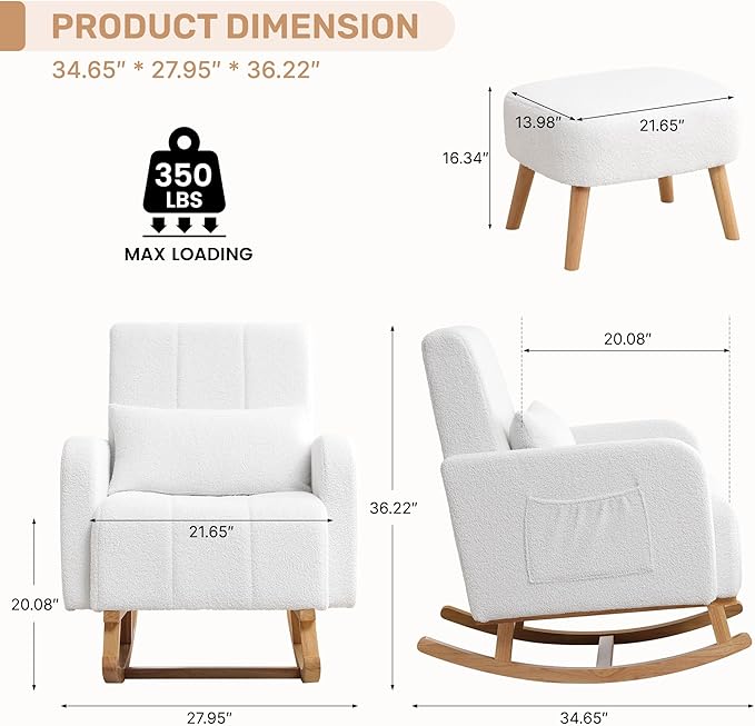 Rocking Chair with Ottoman, Upholstered Nursing Glider Rocker with High Backrest and Side Pocket, Comfy Reading Chair with Solid Wood Legs for Nursery/Living Room/Bedroom White