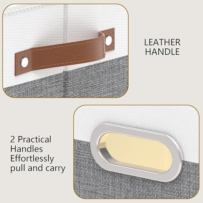 Yawinhe Fabric Storage Baskets, Foldable Closet Organizer for Shelves, Large Boxes with 3 Handles, Canvas Bins for Clothes, White/Grey, 12.99''Lx9.05''Wx7.87''H, 2-Pack