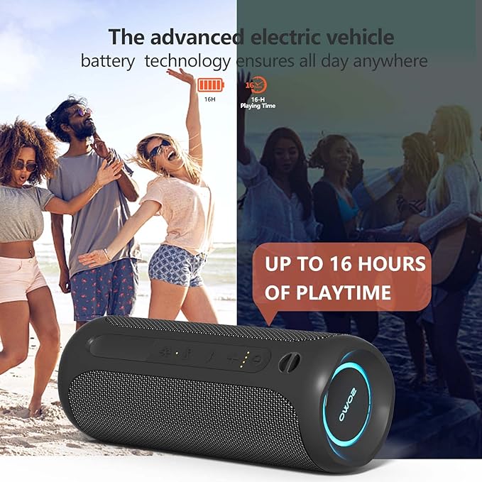 Wireless Portable Speaker,IPX7 Waterproof Bluetooth Speaker, 25W Loud Stereo Sound, Bassboom Technology, TWS Pairing, Built-in Mic, 16H Playtime with Lights for Home Outdoor - Black