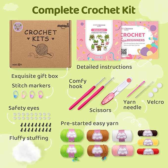 Mewaii Crochet Kit for Beginners,9PCS Crocheting Plant Kit with Step-by-Step Video Tutorial,DIY Easy Knitting Kit with 40% Extra Peasy Yarn for Adults & Kids