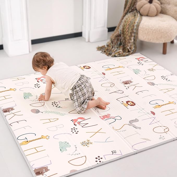 Baby Play Mat 71x79 Inch, 2 in 1 Fabric & XPE Dual-Sided Design Foldable Play Mats for Babies and Toddlers, Waterproof & Anti-Slip Baby Mat for Floor, Portable Baby Foam Crawling Mat with Travel Bag