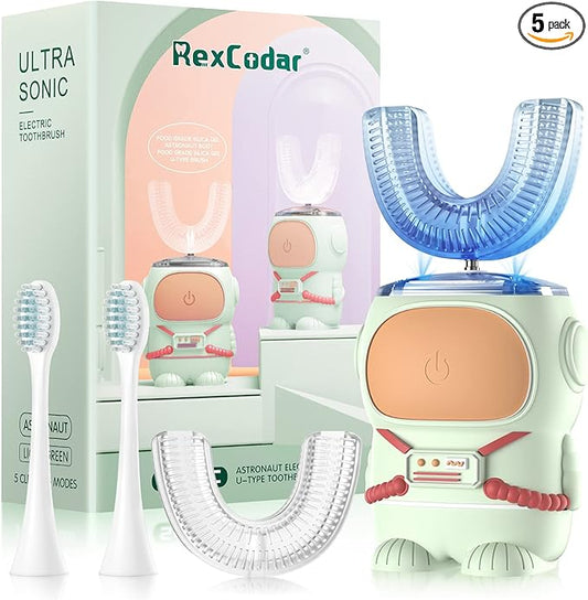 Ultrasonic Kid's U-Shaped Electric Toothbrush, IPX7 Waterproof, Five Cleaning Modes, 60S Smart Reminder (Cartoon Astronaut, Green Ages 2-6)