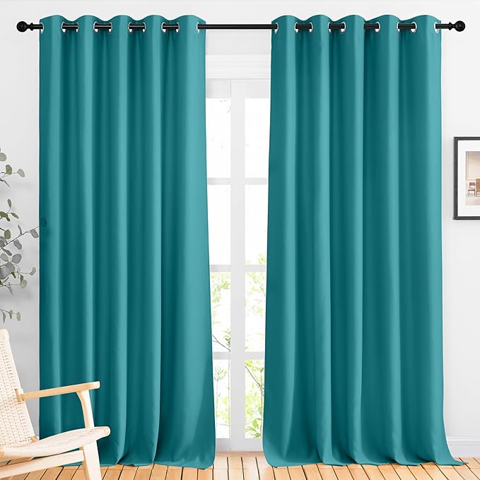 NICETOWN Blackout Room Divider Curtains 118 inches Long 2 Panels, Grommet Sliding Door Curtains Solid Window Treatments Sound Reducing for Living Room, W66 x L118, Peacock Teal