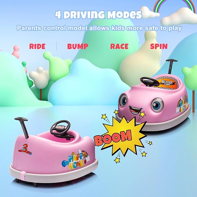 12V Dual Battery Electric Ride on Kids Bumper Car w/Remote Control,360 Degree Spin,Push Rod Rocker Horse Function,3-Speeds Babies & Toddlers Bumping Car Ride on Toy Gift for 1-4 Years Children (Pink)