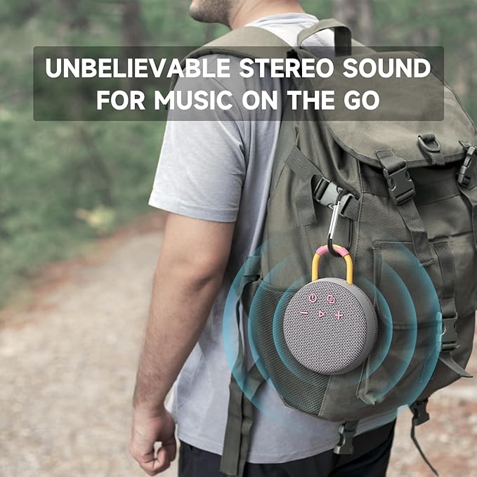 MusiBaby Wireless Mini Speaker – IPX7 Showerproof Audio with BT 5.3 & Clip, Durable Shell for Dorm Use, Gift Bags, Backpack Travel & Poolside Fun (Gray)