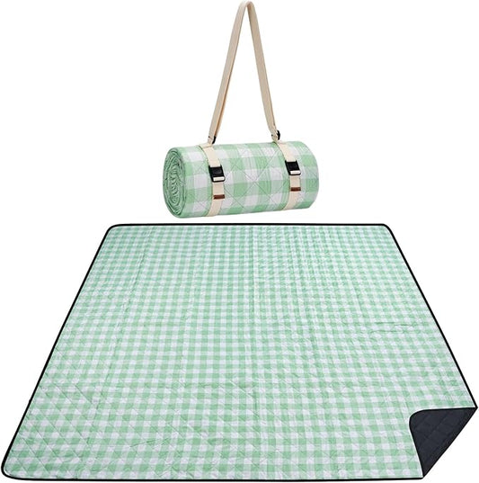 Picnic Blanket, 80''x80'' Waterproof Outdoor Blankets, Picnic Mat Washable for Beach, Picnic Blankets for Camping on Grass with Shoulder Strap - Green & White