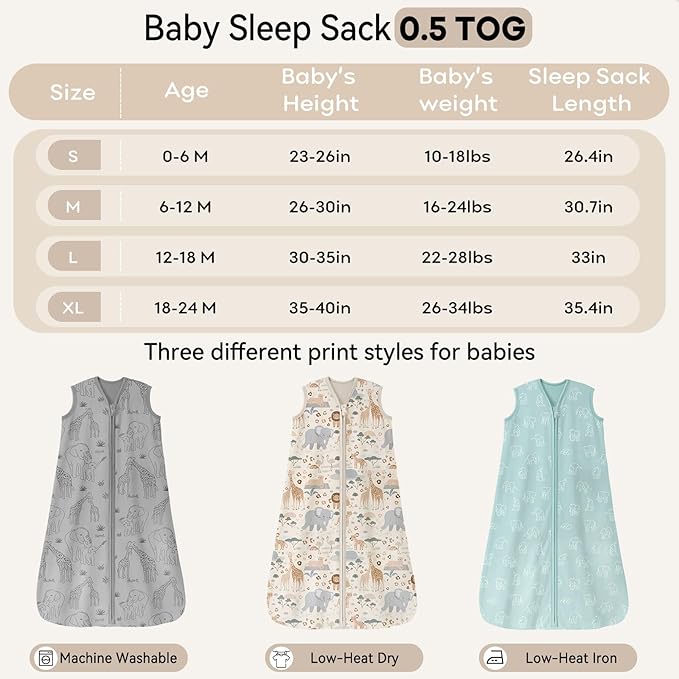 Baby Sleep Sack 6-12 Months 0.5 Tog Wearable Blanket Baby, 3 Pack 100% Cotton Lightweight Sleeping Sack with 2-Way Zipper for Newborn Infant Apricot Gray Green Elephant