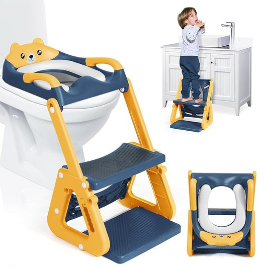Orzbow 2-IN-1 Potty Training Seat with Step Stool, Height Adjustable Toilet Seat for Toddler, Potty Training with Splash Guard for Kids Boys Girls, Stability Ladder and Anti-Slip Pad, Yellow