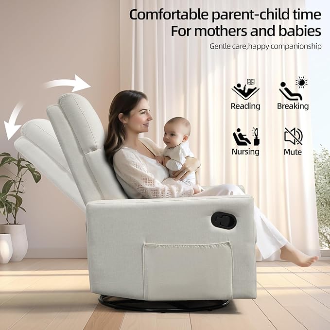 Swivel Rocker Recliner Chairs Set of 2, Upholstered Fabric Nursery Rocking Glider Chair with Adjustable Backrest and Footrest, Lay Flat Recliner Single Lazy Sofa for Living Room(Beige)