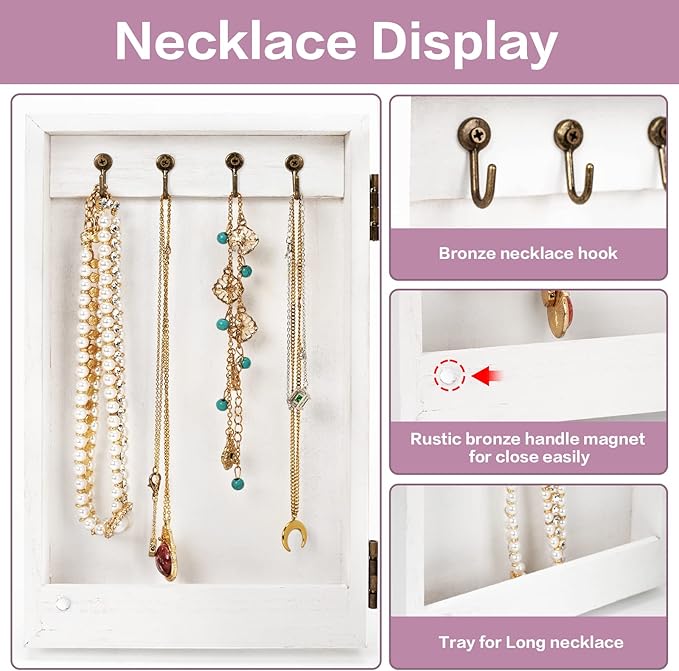 Meangood White Jewelry Box Wood for Women, 6-Layer Large Organizer Box with Mirror & 5 Drawers for Rings, Earrings, Necklaces, White