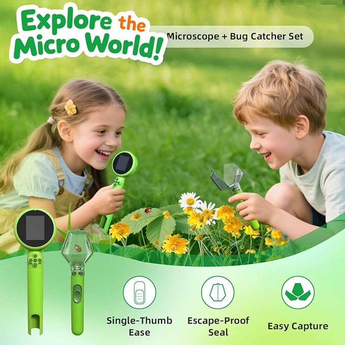 Kids Microscope with Bug Catcher Kit, 1080P Digital Mini Handheld Microscope STEM Science Toy with LED Light, Rechargeable, Portable, Supports 64GB TF Card, Educational Gift for Kids Ages 3-12 (Green)