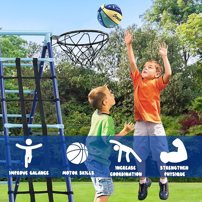 600lbs 6-in-1 Kids Swing Set, Backyard Playset with Belt & Platform Swings, Slide, Climbing Net, Basketball Hoop, Heavy-Duty A-Frame Metal Stand & 6 Anti-Tilt Stakes, Outdoor Gym for Ages 4-12