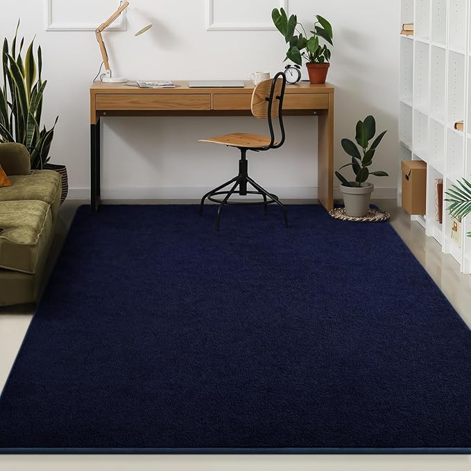 Kimicole 6x9 Washable Area Rugs for Living Room Bedroom, Large Low Pile Ulta-Thin Solid Color Rug, Non-Slip Soft Fluffy Carpet for Nursery Kids Room Dorm Room Home Decor (Navy Blue)