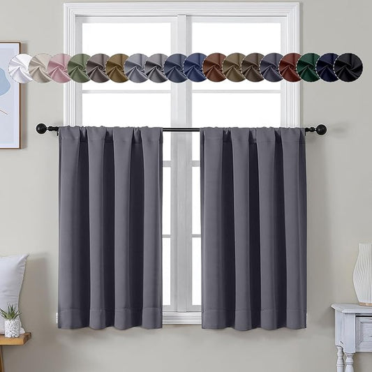 Simplebrand Ava Grey Short 36 Inches Blackout Curtain 2 Panels Set, Half Window Rod Pocket Privacy Curtain Tiers for Kitchen, Curtains Blackout for Bathroom Shades, W40 x L36 Inch, Grey
