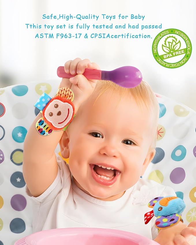 Infant Rattle Socks Toys 0 to 12 Months, Baby Wrist Rattle Foot Finder Socks Set, Birthday Holiday Present for Newborn Boy Girl 0/3/4/6/7/8/9/12/18 Months Kids Toddler, Gift Box Package (4A)