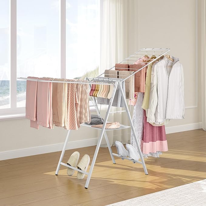 APEXCHASER Drying Rack Clothing, Clothes Drying Rack Foldable, Metal Laundry Drying Rack Collapsible for Sweater Towel Indoor Outdoor, Gullwing Clothes Rack Drying with Height Adjustable Rails, White