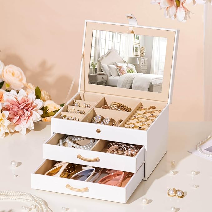 White Jewelry Box Organizer: Home Decor for Women - 2-Drawer Holder for Valentine’s Day Birthday Christmas White Grey-Blue