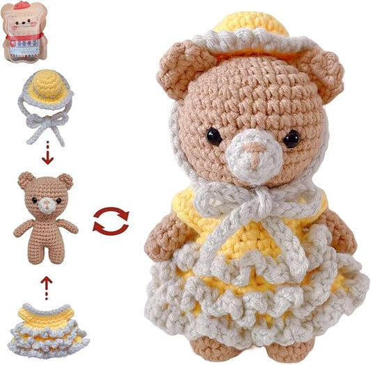 LoopMap Crochet Kit for Beginners - DIY Amigurumi Bear with Removable Dress & Accessories - Step-by-Step Video Tutorials, Extra Yarn, Crochet Tools, Handmade Gift for Kids & Adults (Bear K02, Yellow)