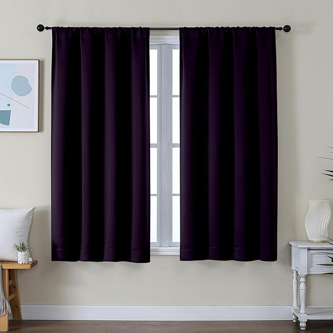 Simplebrand Ava Blackberry Short Blackout Curtains for Bedroom 54 Inches Long 2 Panels Set, Solid Thermal Insulated, Energy Saving Window Treatment Curtains Blackout Drapes, W40 x L54 Inch, Blackberry