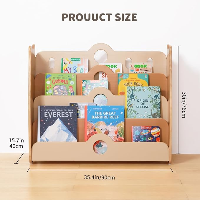 OOOK Montessori Bookshelf for Kids, Pine Wood Baby Bookshelf, Bear Toddler Book Shelf for Nursery, Playroom, Classroom