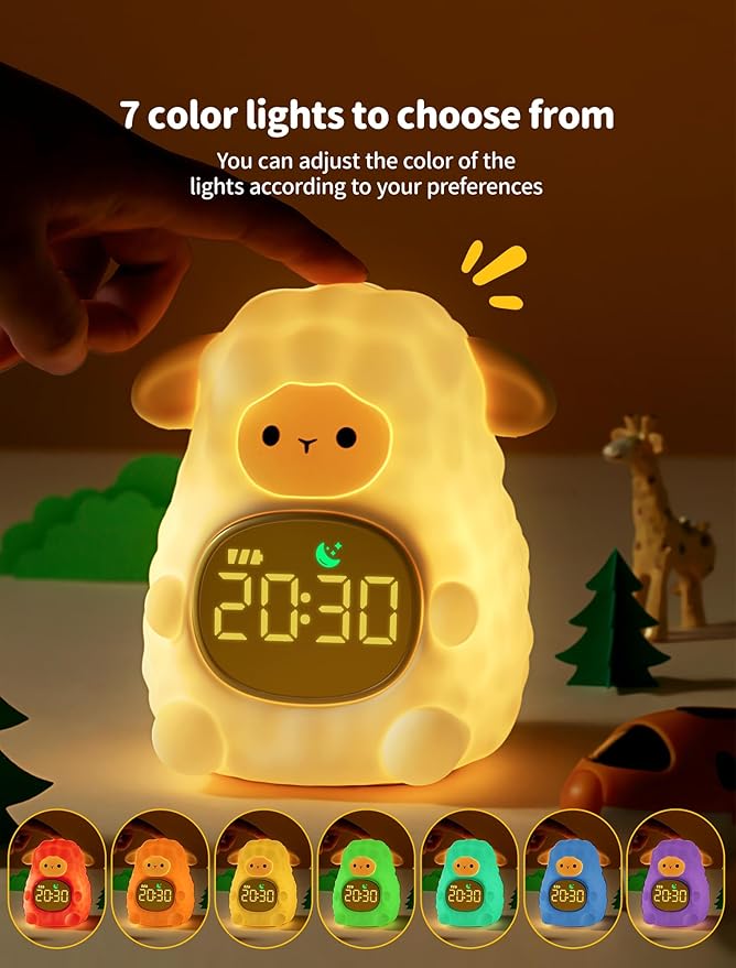 MASHI Sheep Alarm Clock, Toddler Sleep Training Clock with Sun & Moon, Sleep Sound Machine, Night Lights, Alarm Clock for Kids, Gift Ideas for Kids Child