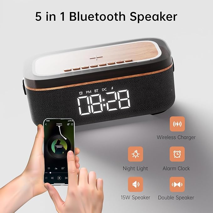 LOVME Alarm Clock Bluetooth Speaker for Bedroom, Bluetooth Stereo Sound Speaker, Fast 15W Wireless Charger, Dimmer, Night Light for Heavy Sleepers, Gift Set, Bedside(Black)