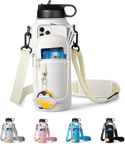 Water Bottle Holder with Strap for Hydroflask 32oz 40oz, Carrier Sling Bag with Phone Pocket Sleeve for Men Women Hiking Camping Travelling（Cream40oz）