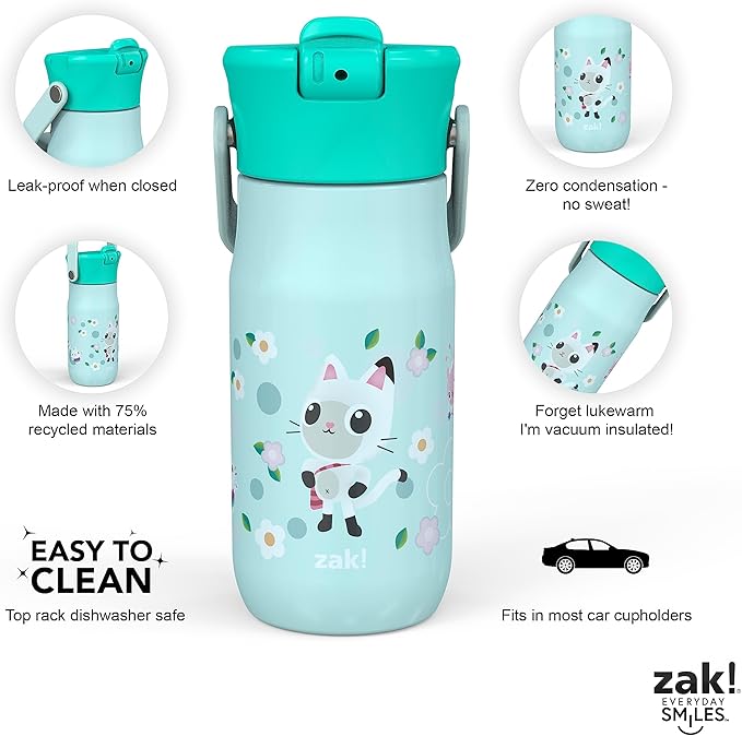 Zak Designs Harmony Gabby's Dollhouse Kid Water Bottle for Travel, 14oz Recycled Stainless Steel, Leak-Proof When Closed and Vacuum Insulated (Pandy Paws, Cakey Cat, Mercat, Kitty Fairy)