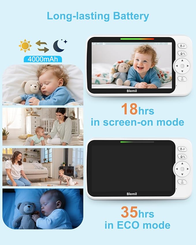 Upgrade Video Baby Monitor with Camera and Audio 6" Large Screen, 35-Hrs Battery, No WiFi Baby Monitor, Remote Pan/Tilt/Zoom Camera, 2-Way Talk, Night Vision, Temperature, 1000ft Range