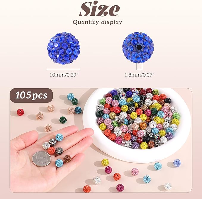 105pcs 10mm Rhinestone Beads for Jewelry Making, Purple Shiny Round Disco Ball Beads Bulk, Sparkle Crystal Clay Christmas for Bracelet Baseball Necklace Earring Crafting and DIY