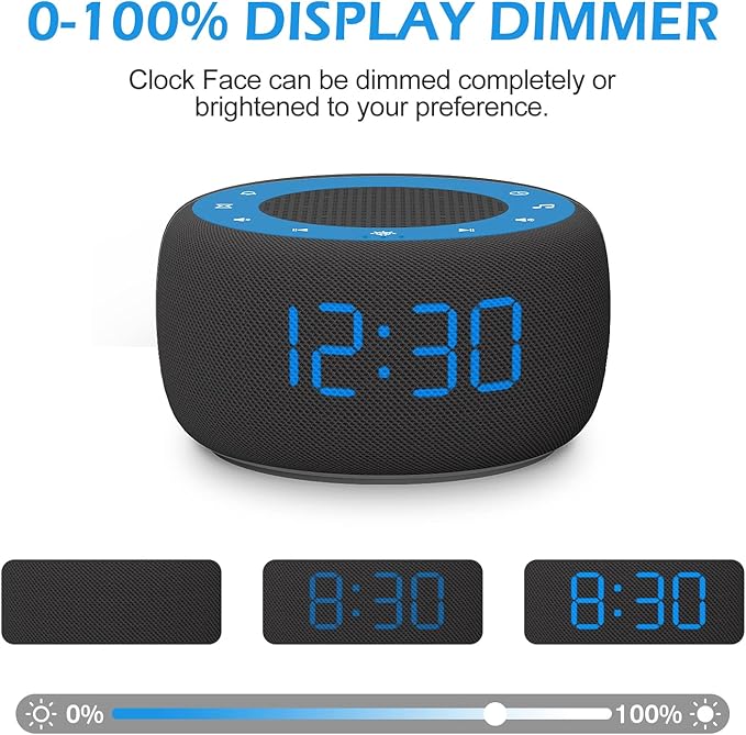 Buffbee Sound Machine & Alarm Clock 2-in-1, 0-100% Clock Face Brightness, Bottom Colored Light, Sleep Timer, Precise 30-Level Volume Control White Noise Machines