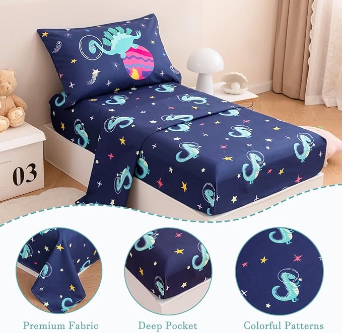 PERFEMET Toddler Bedding Set 4 Pieces Cartoon Dinosaur Planet Printed Bed in A Bag for Boys Girls Reversible Navy Blue Toddler Comforter with Sheet Set for All Season(Navy, Dinosaur/Planet/Rocket)