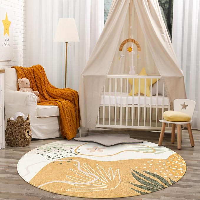 Lahome Boho Round Rug - Circle Rug 3Ft Washable Non-Slip Ultra-Thin Round Entryway Rug Throw Soft Small Circle Area Rug for Bathroom, Botanical Print Circular Rugs for Bedroom Nursery Kids Room Sofa