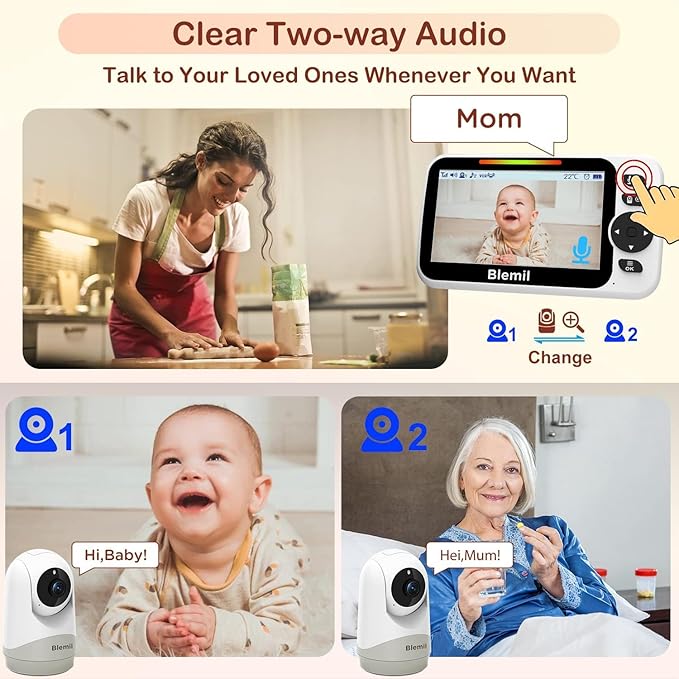 Upgrade Baby Monitor with 30-Hour Battery, 5" Large Split-Screen Video Baby Monitor with 2 Cameras and Audio, Remote Pan/Tilt/Zoom, Two-Way Talk, Room Temperature, Auto Night Vision