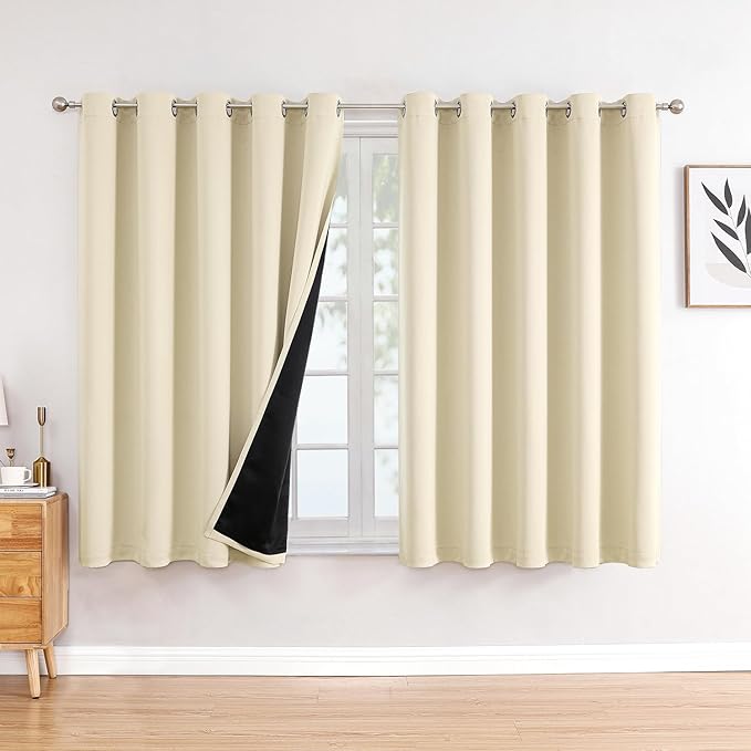 ChrisDowa 100% Blackout Curtains 63 inch Long for Bedroom with Black Liner, Extra Wide 2 Thick Layers Total Blackout Thermal Insulated Grommet Window Curtains 2 Panels Set (Light Beige, 60 x 63 Inch)
