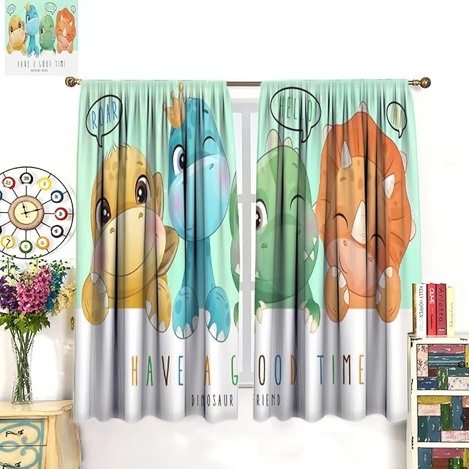 Kids Dinosaur Curtains for Boys Girls Bedroom Decor Cartoon Dino Colorful Cute Funny Animal Printed Blackout Rod Pocket Window Drapes for Baby Nursery Playroom Living Room W27.5xL63in 2 Panels