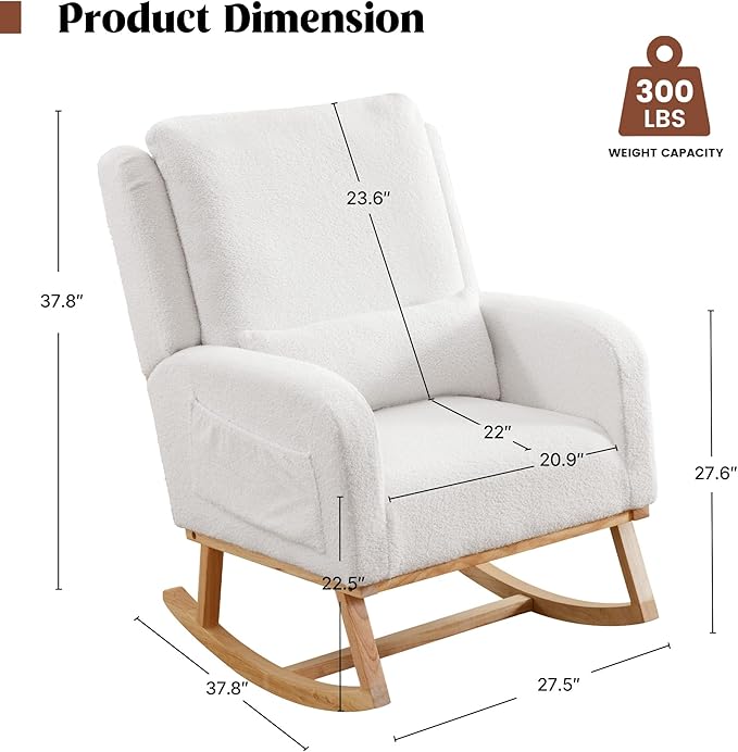 Rocking Chair Nursery, Sherpa Nursing Rocking Chairs, Upholstered Nursery Glider Rocker Wingback Morden Rocking Chair with Lumbar Pillow for Mom Nursery, Living Room, Bedroom, Teddy White