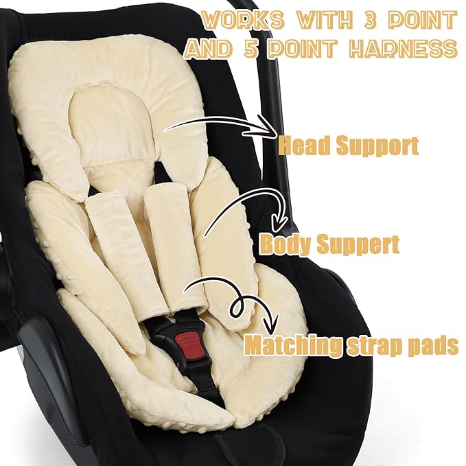 GFU Infant Car Seat Insert Head and Body Support, Reversible Newborn Insert for Carseat with Strap Pads, Soft Stroller Cushion Pillow Insert for Boys and Girls, Fits for Stroller, Swing, Beige
