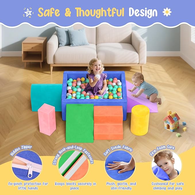 Lischwert Foam Climbing Blocks for Toddlers, Soft Play Ball Pit, Baby Climbing Blocks Soft Play Climbing for Toddlers with Foldable Block and Tunnel Indoor Climbing Toys for Toddler 1-3