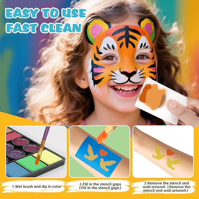 Face Painting Kit for Kids - 42 Colors Washable Face Paint Professional Face Paint Kit, with Brushes, Stencils, Palette, Gems, Crayon, Non-Toxic Body Makeup for Kids Halloween, Party, Birthday