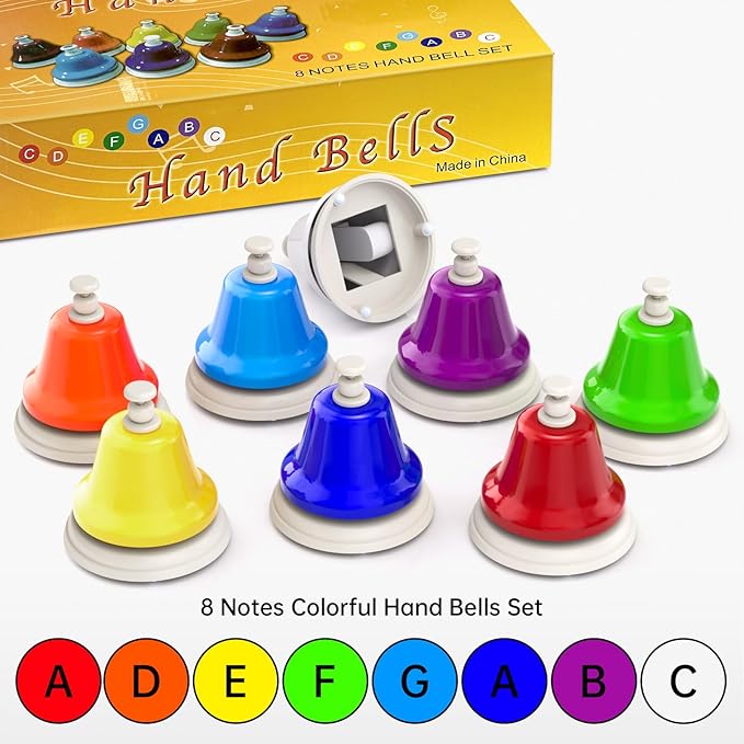 Facmogu Desk Bells, 8 Notes Diatonic Metal Hand Bells, Rainbow Music Bells, Musical Learning Teaching Percussion Instrument, Holiday Birthday Gift