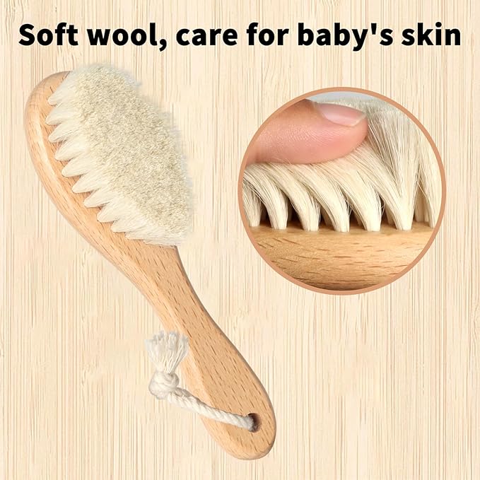 Wooden Natural Goat Bristle Brush and Cradle Cap Comb Set - 5 in 1 Baby Grooming Kit for Newborns, Toddlers, Boys, and Girls (Blue)