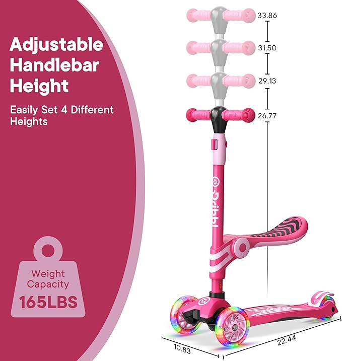 Pink 3 Wheel Scooter with Seat for Kids – Light-Up LED Wheels, Adjustable Handlebar and Seat, Smooth PU Wheels, Wide Anti-Slip Deck, Rear Foot Brake – Toddler Outdoor Toys for Ages 2+